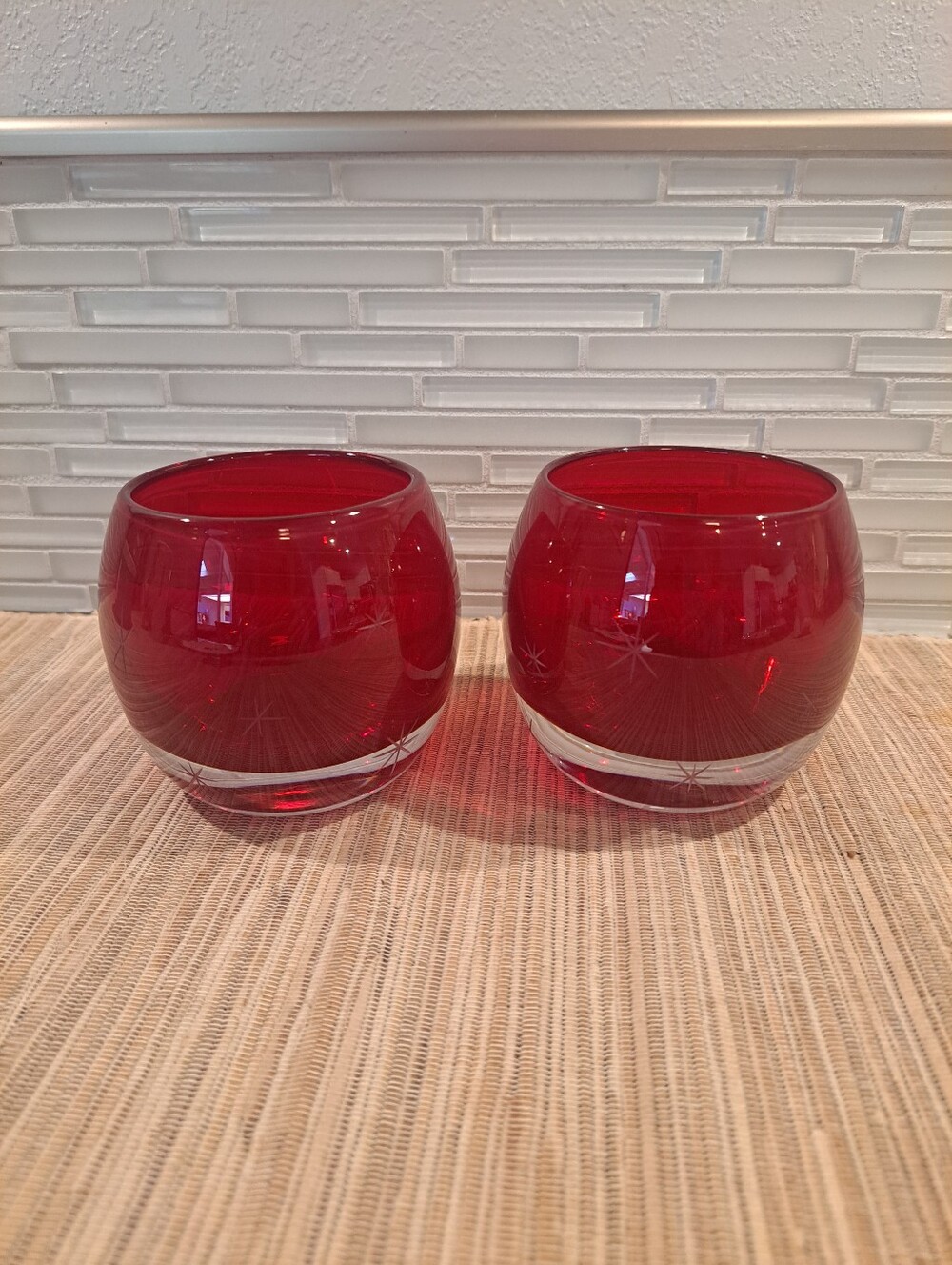 Crate & Barrel Diva Ruby Red Glass Votive Candle Holders Pair Made In Poland